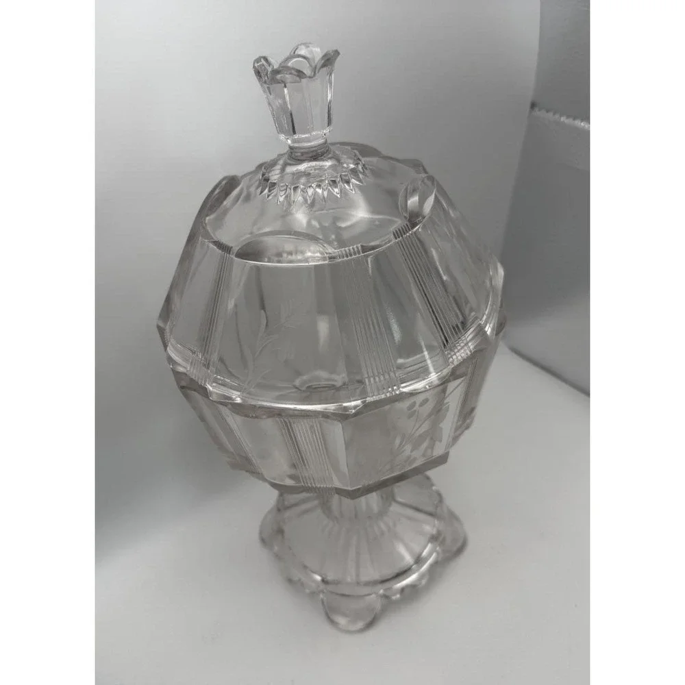 Antique EAPG Adams‎ & Co. Clear Ribbon #300 Covered Compote Floral Etched 1880s